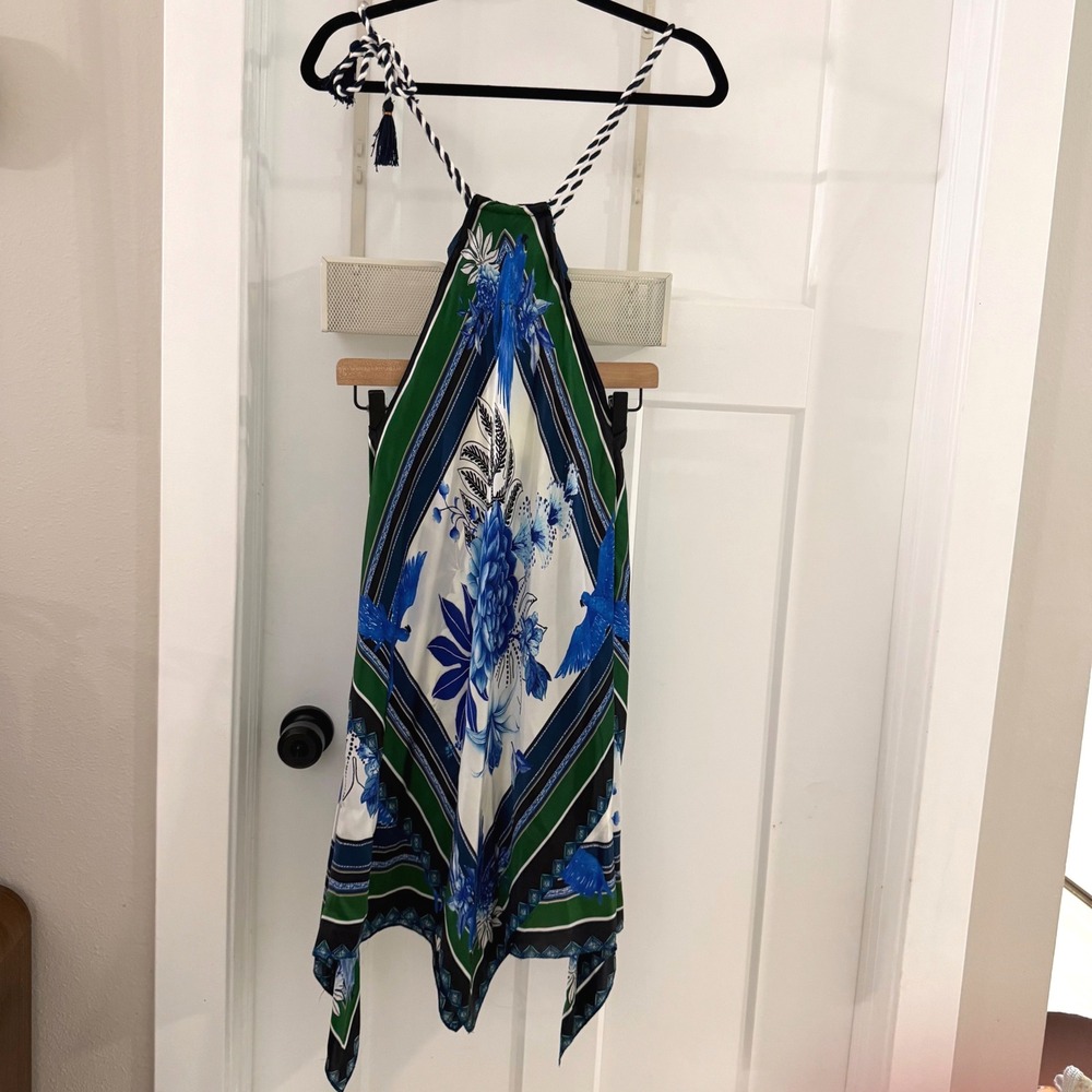 Farm Rio Silk Floral Parrot Print Scarf Halter Top Blue Green Small Handkerchief